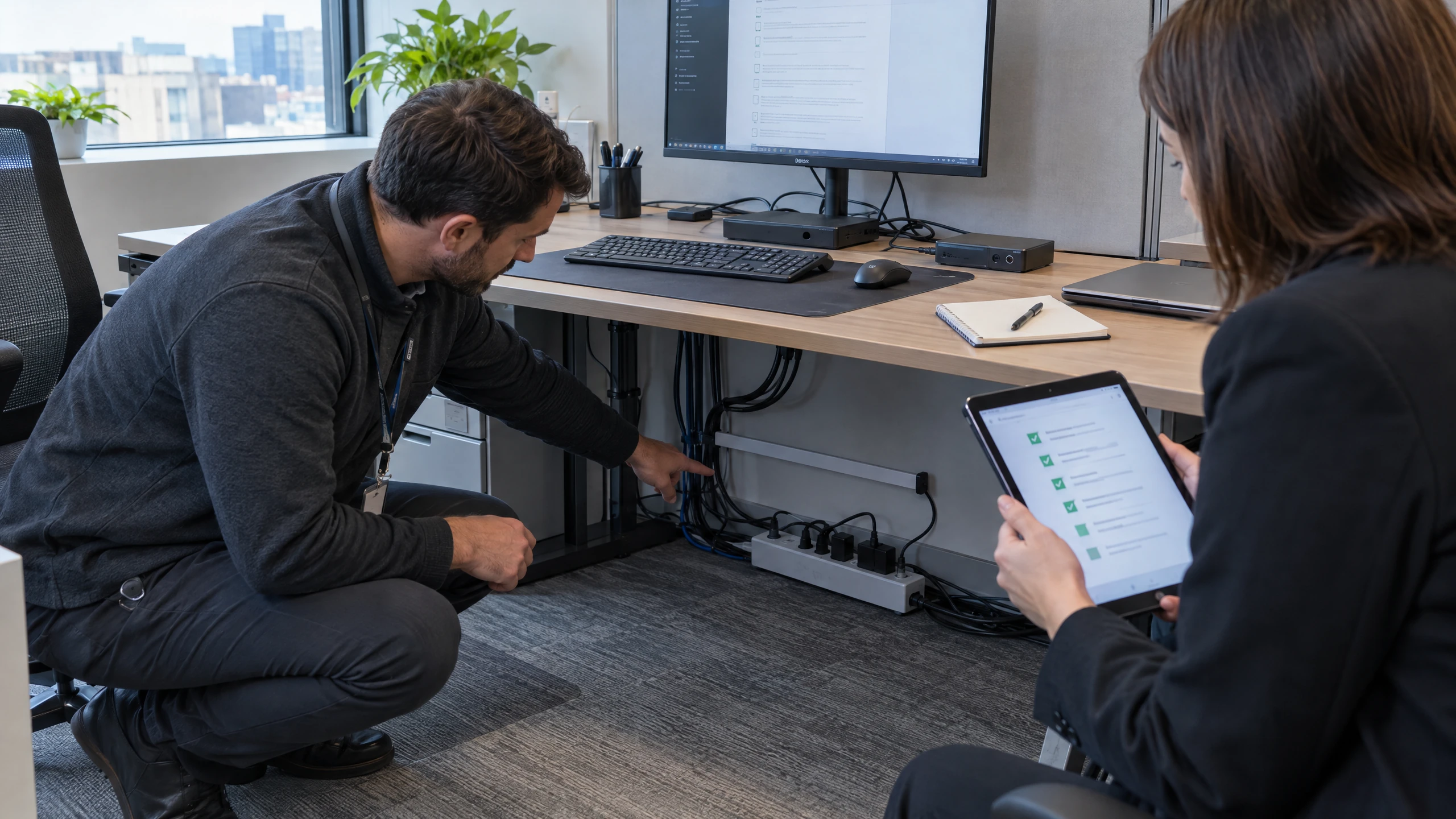 Technician explaining visible workstation observations while an office contact records checklist findings on a tablet (illustrative)
