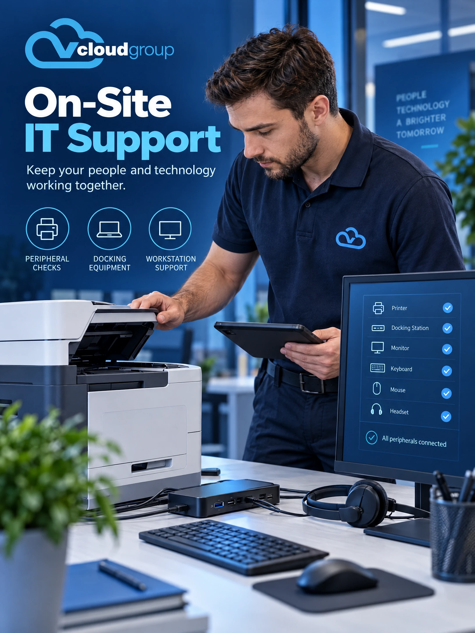 Conceptual portrait illustration of peripheral checks for On-Site IT Support