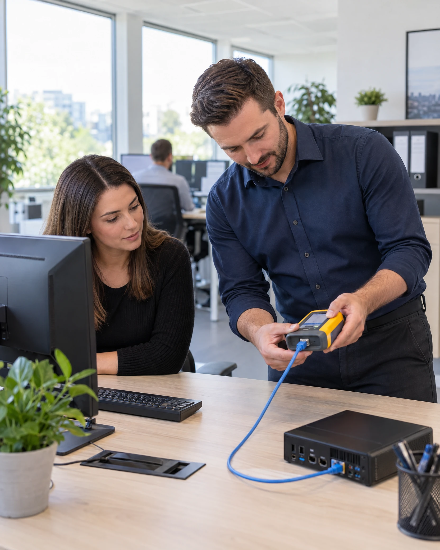 On-site IT engineer testing an office Ethernet connection while an employee observes (illustrative)