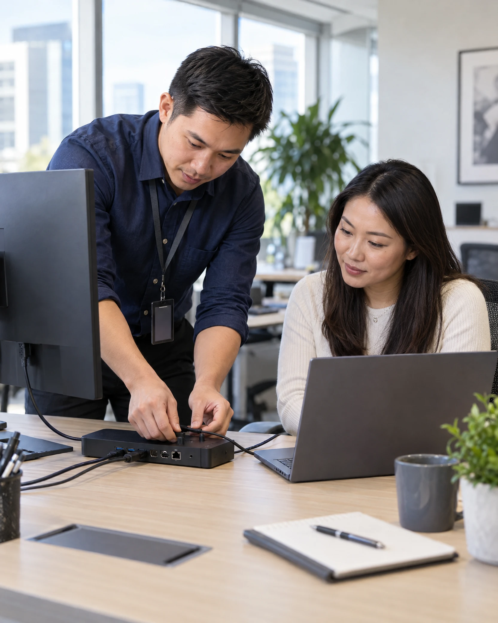On-site IT engineer inspecting a laptop docking station at a customer's workstation (illustrative)