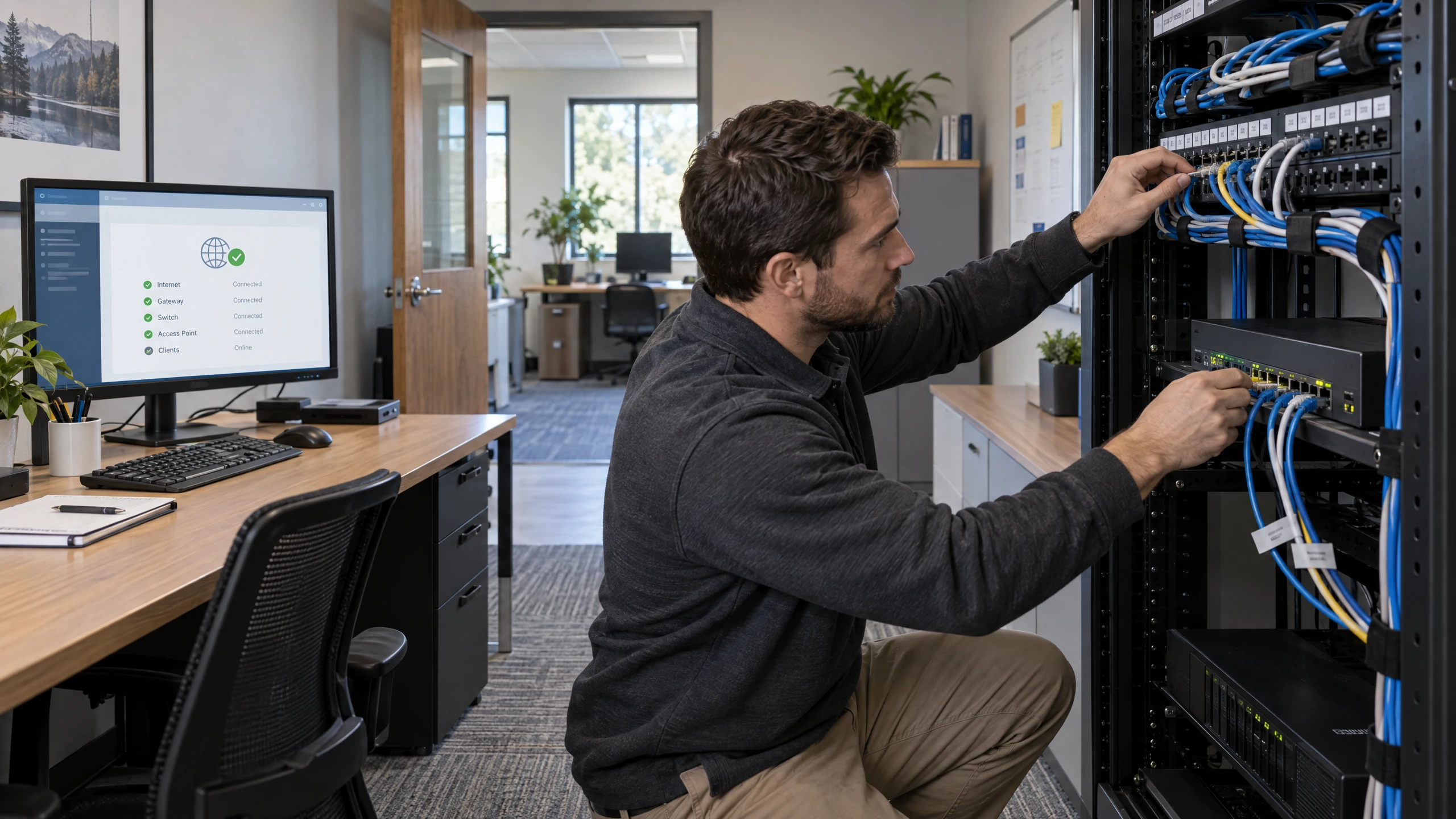 Technician tracing an office network fault between a workstation, Ethernet patch panel and switch (illustrative)