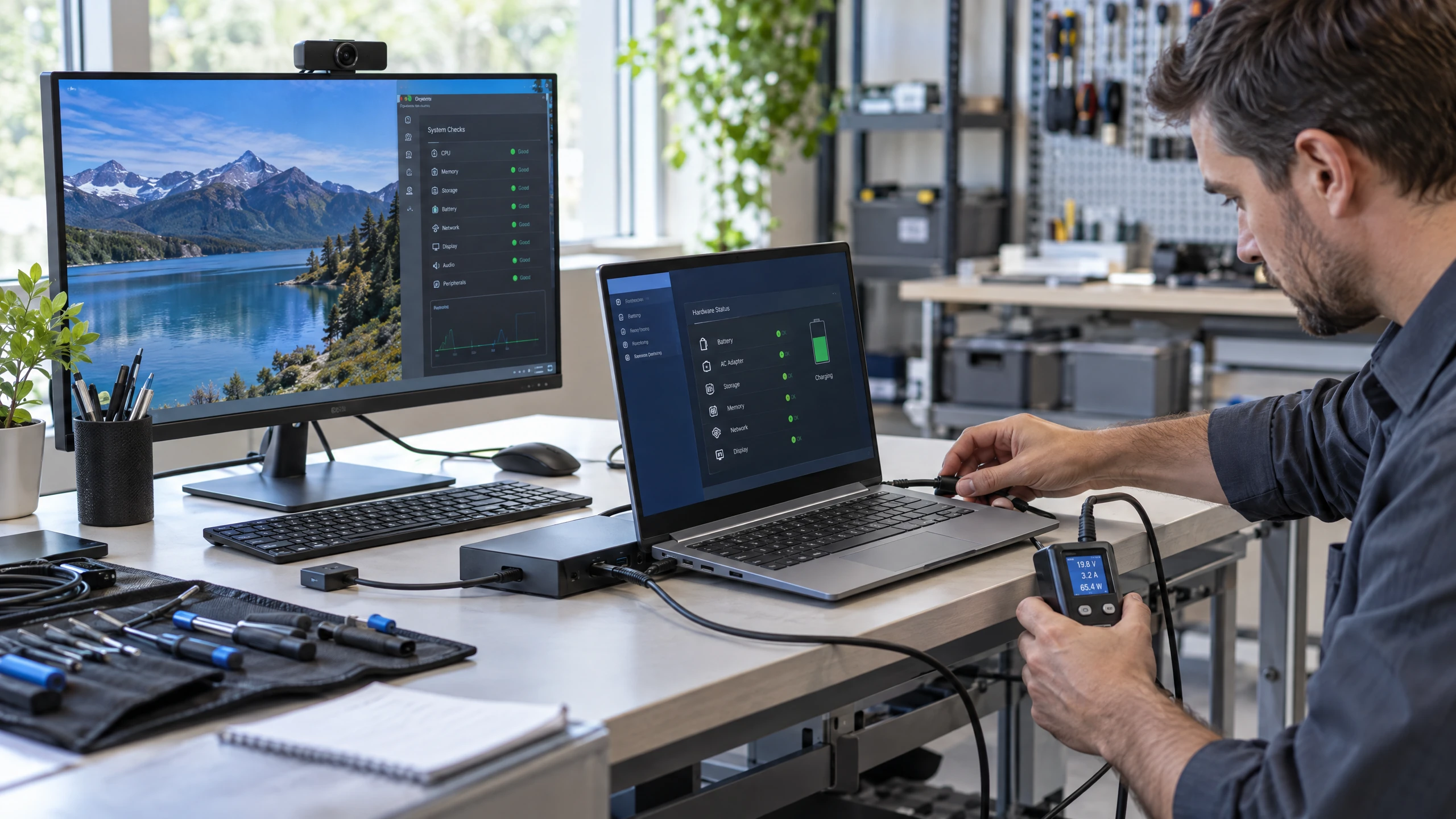 Technician checking laptop ports, docking hardware, cables and a peripheral during device troubleshooting (illustrative)