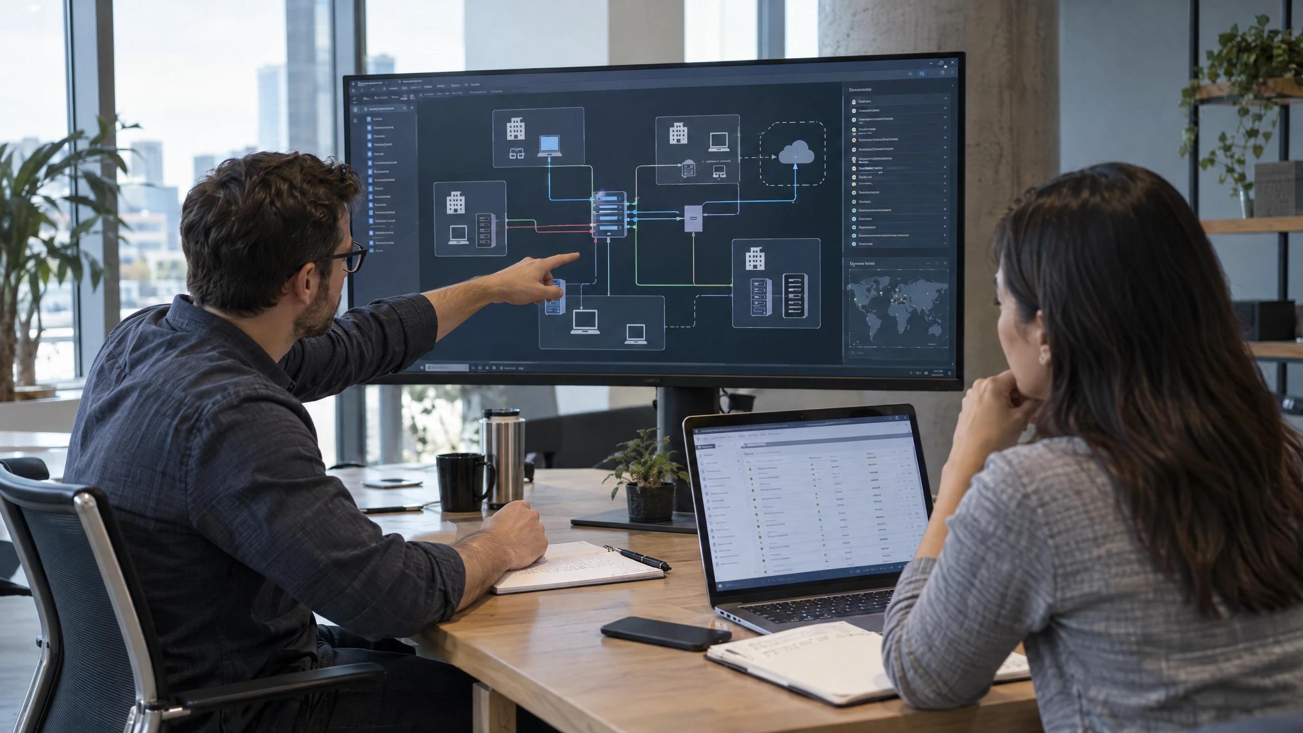 IT specialists reviewing relationships among offices, devices, applications, network links and an external provider on real screens (illustrative)