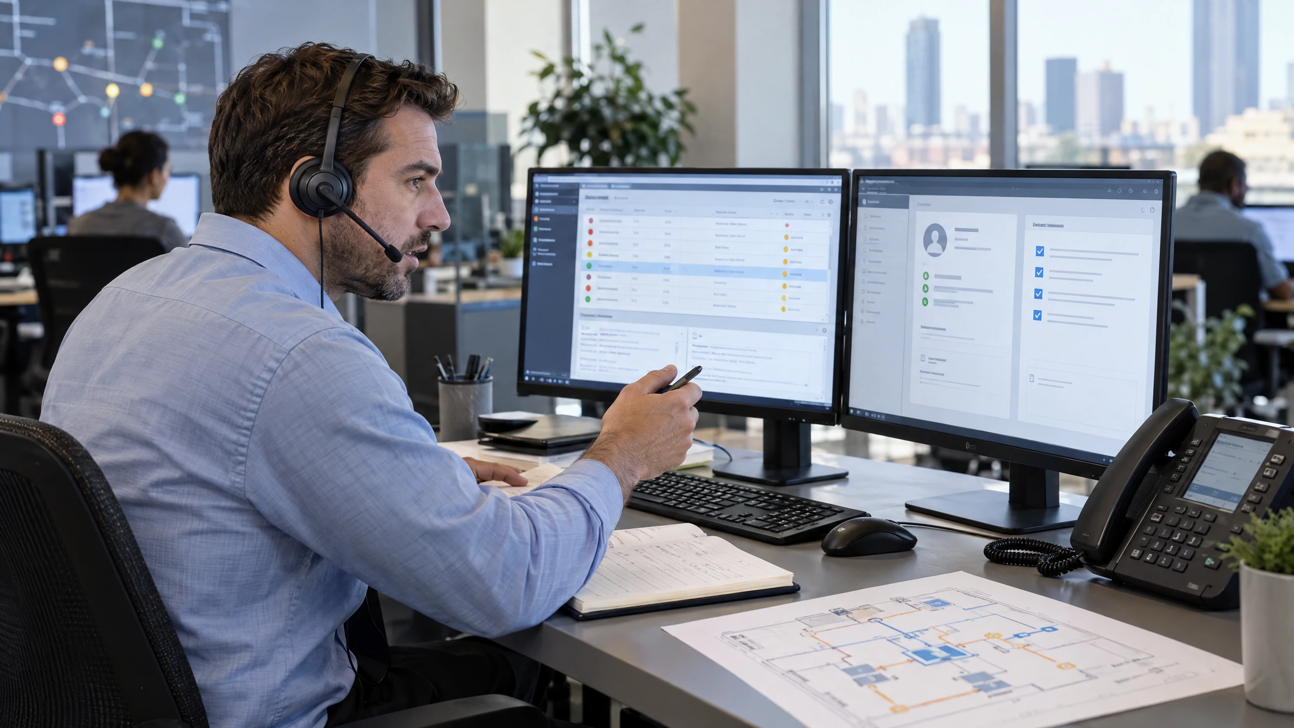 Support lead coordinating an incident hand-off with an external service desk using a headset and generic incident records (illustrative)