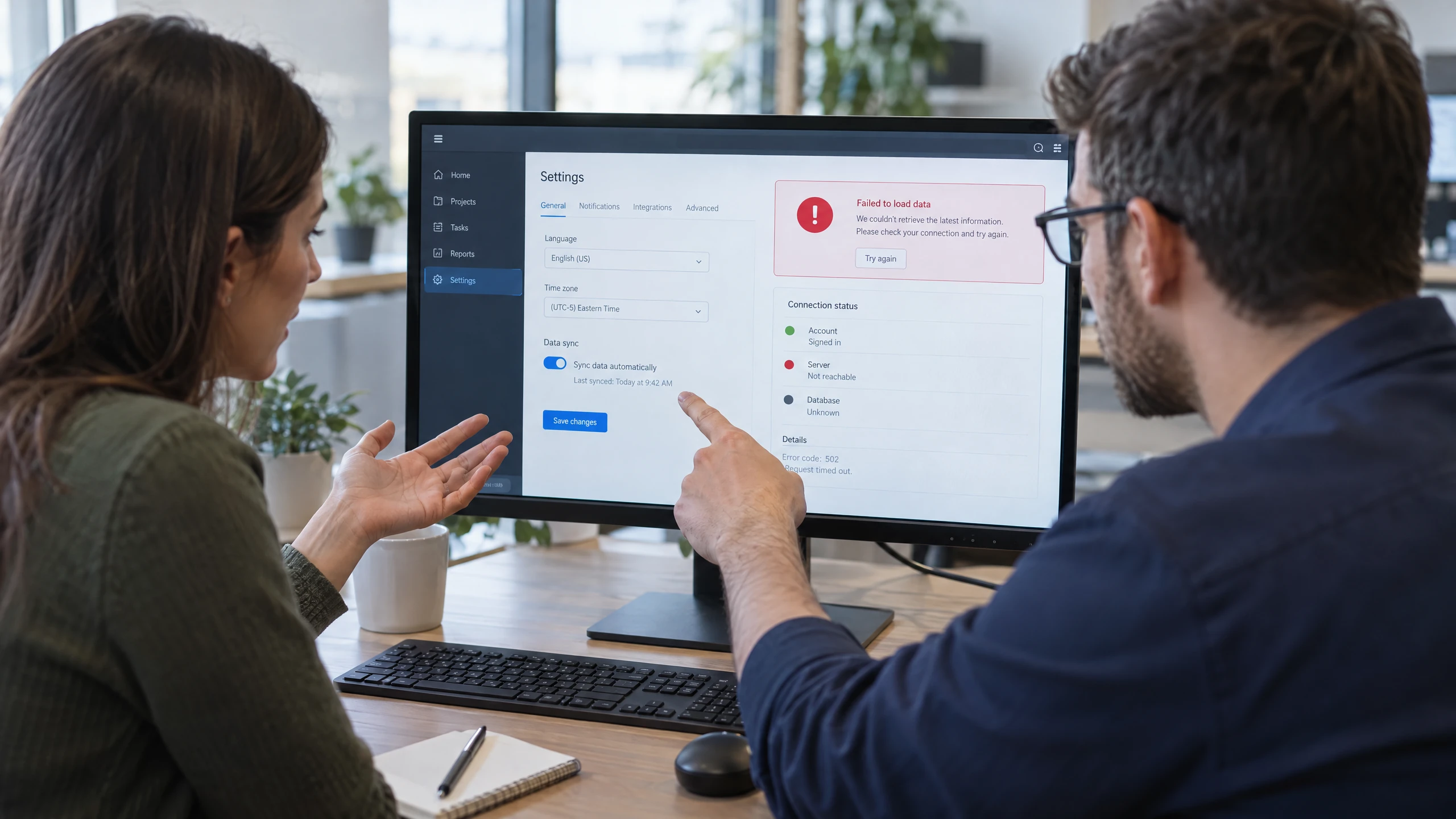 User and support technician examining a generic application error, settings panel, and account status on a workstation (illustrative)