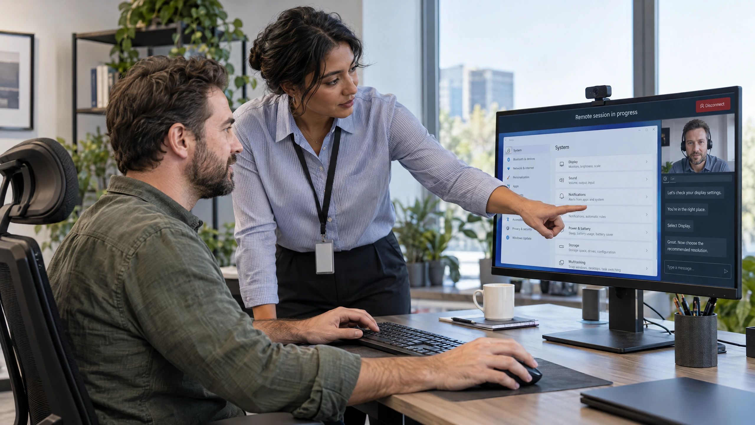 Authorised employee controlling a workstation while a support technician guides a visible remote session check (illustrative)