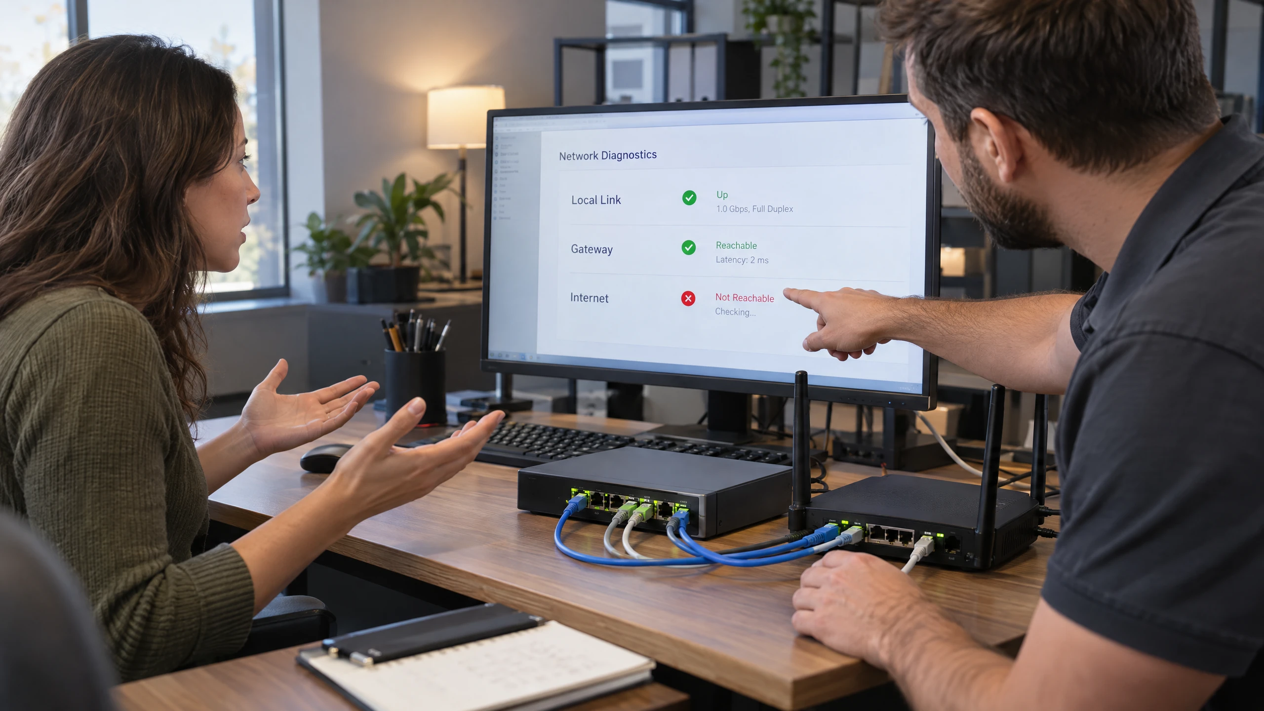 Technician tracing an office workstation connection through Ethernet equipment while checking local and upstream network status (illustrative)