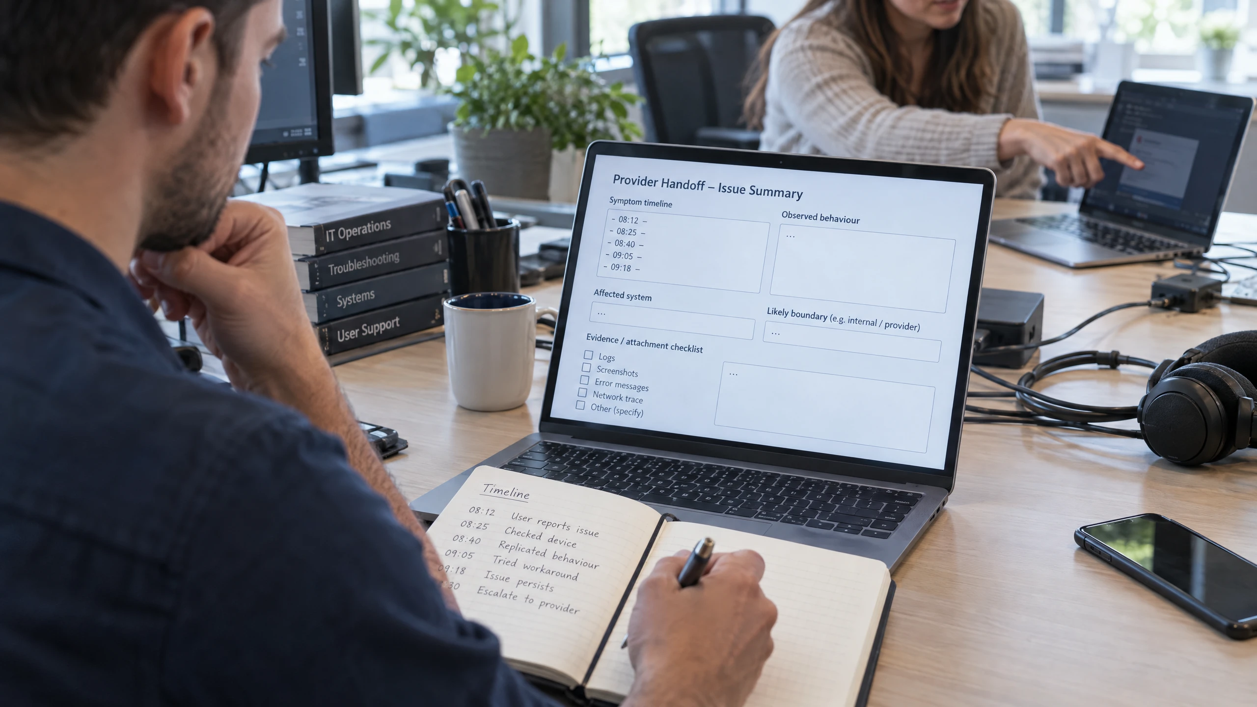 Support technician compiling a neutral symptom timeline and evidence checklist for a provider handoff (illustrative)