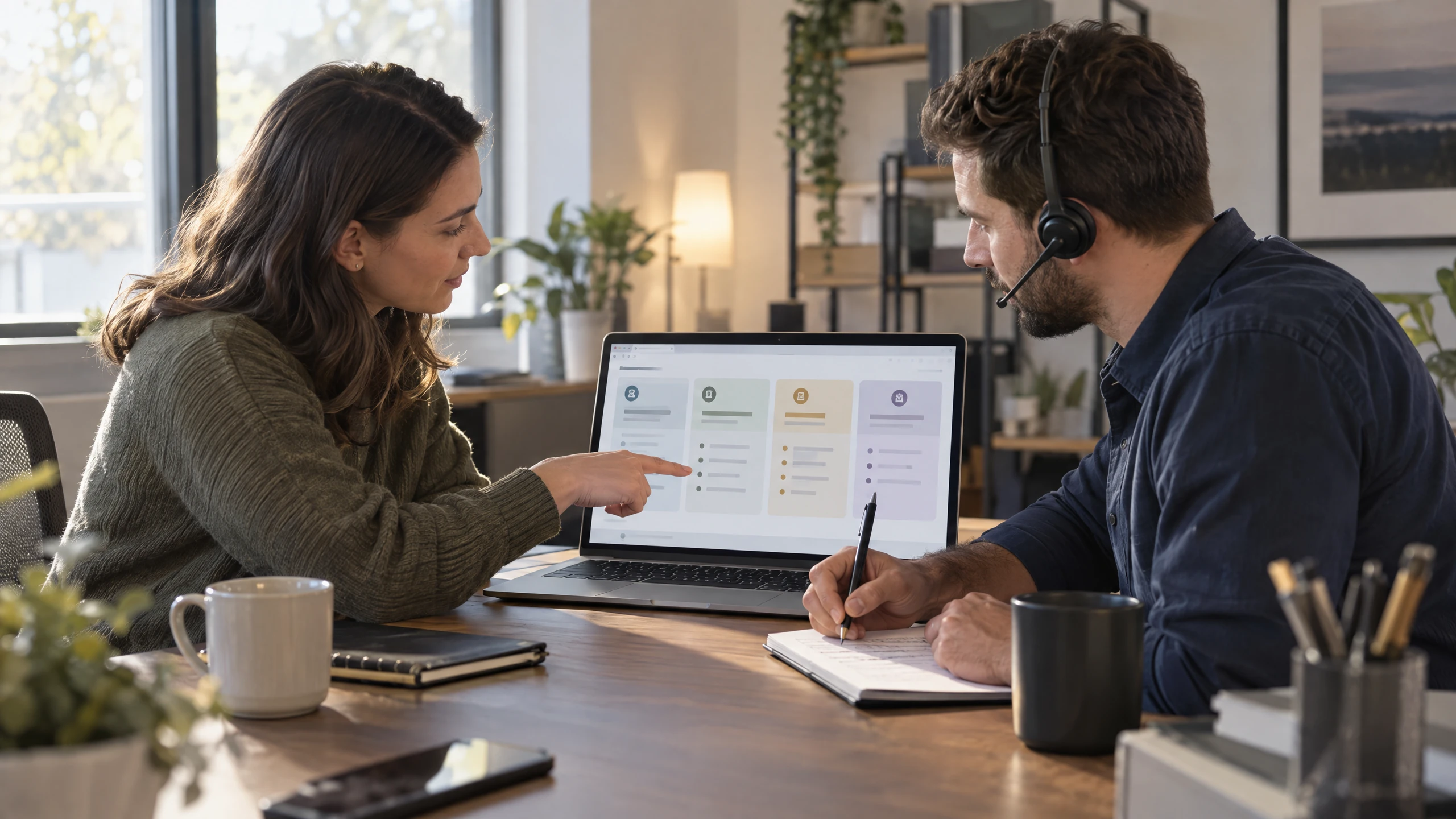 User and support technician reviewing observed findings and practical next actions on a generic remote-support outcome panel (illustrative)