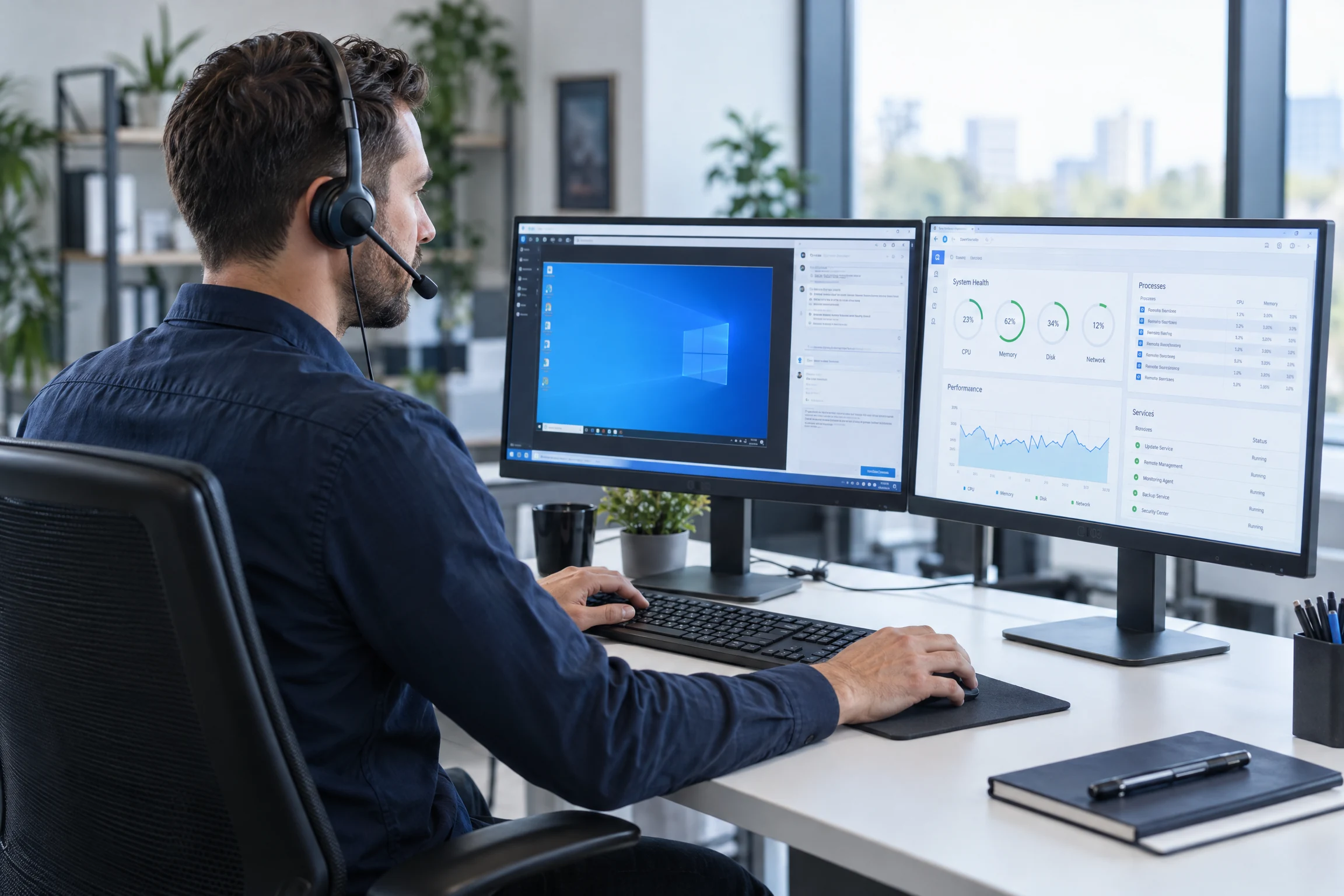 Remote IT support engineer wearing a headset and working across remote-desktop and system-health monitors (illustrative)
