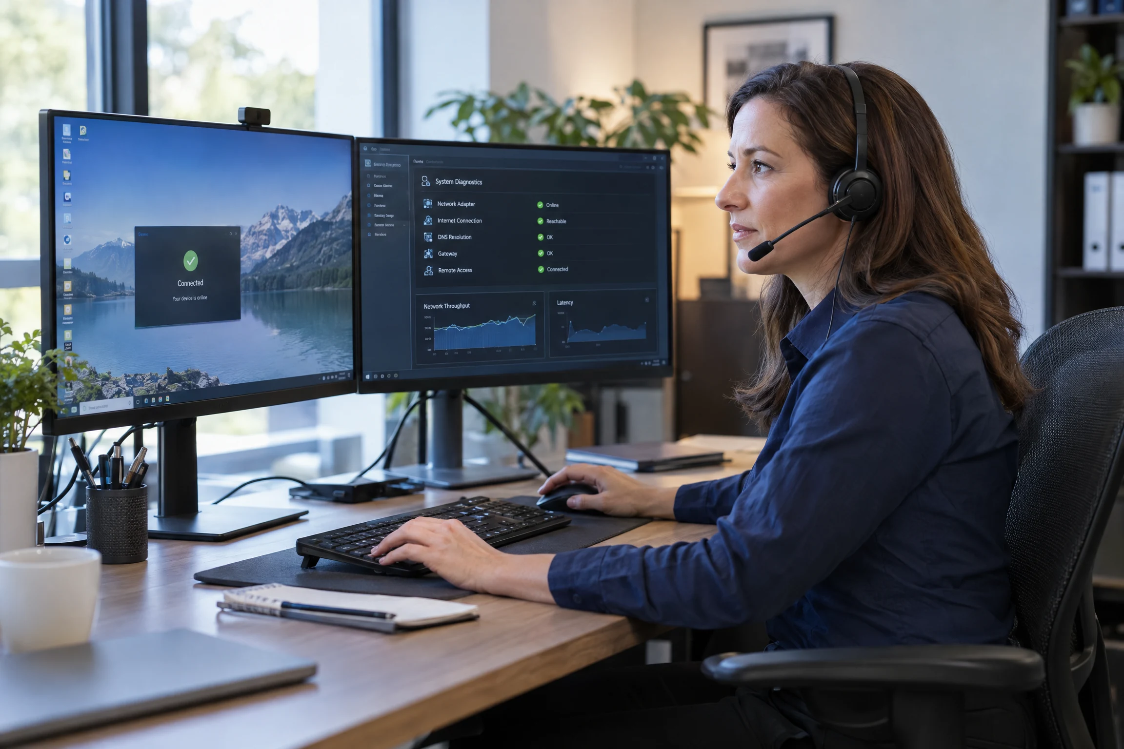 Remote support engineer investigating a business connection using a remote desktop and network diagnostics (illustrative)
