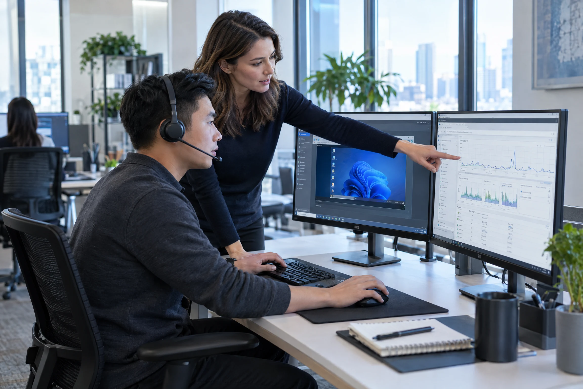 Two remote IT support engineers reviewing a remote desktop and diagnostic charts together (illustrative)