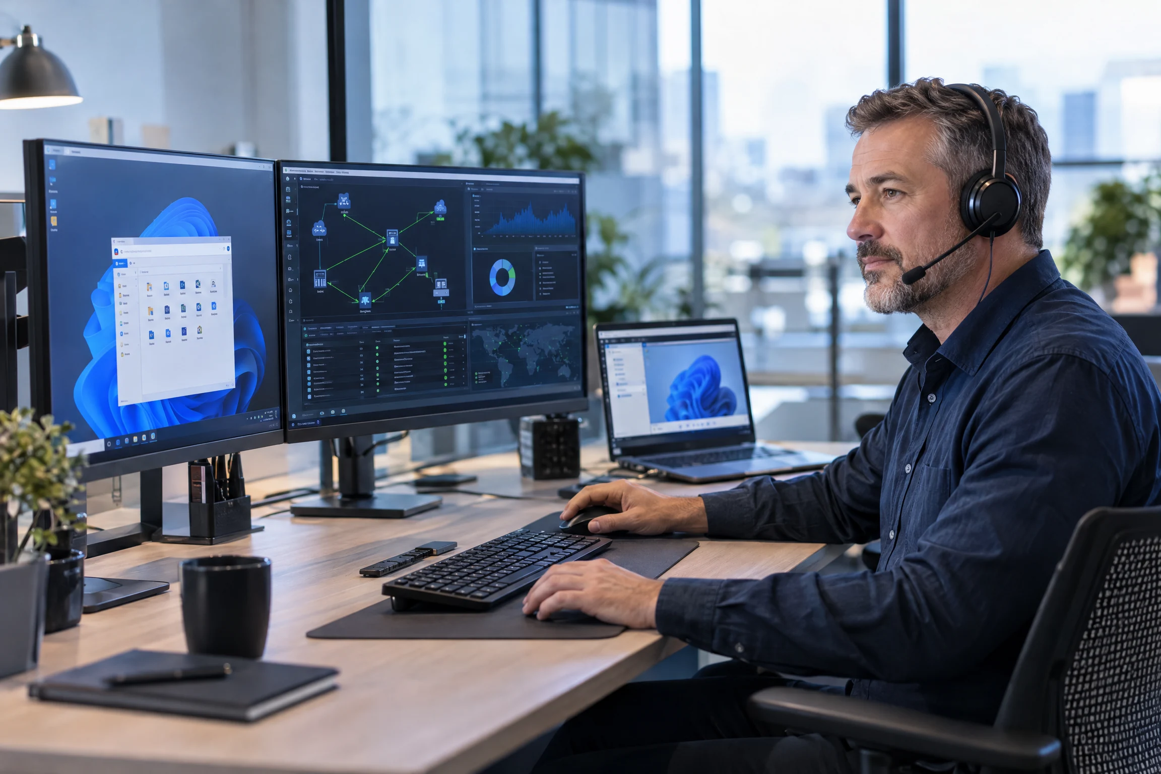 Senior remote support engineer using a headset, remote desktop and network diagnostic workstation (illustrative)