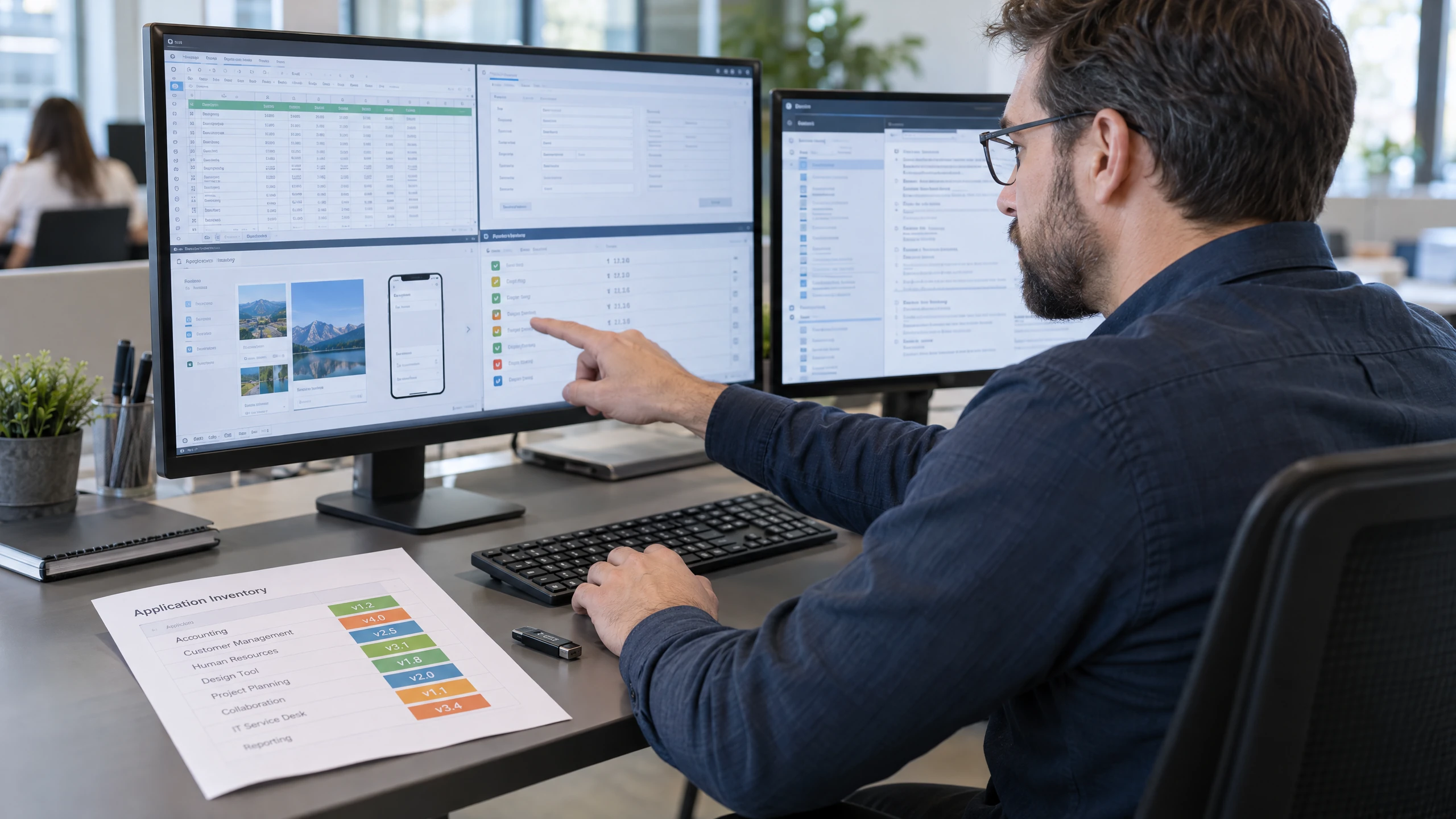 Planner comparing several generic business applications and version details on a hosted desktop (illustrative)