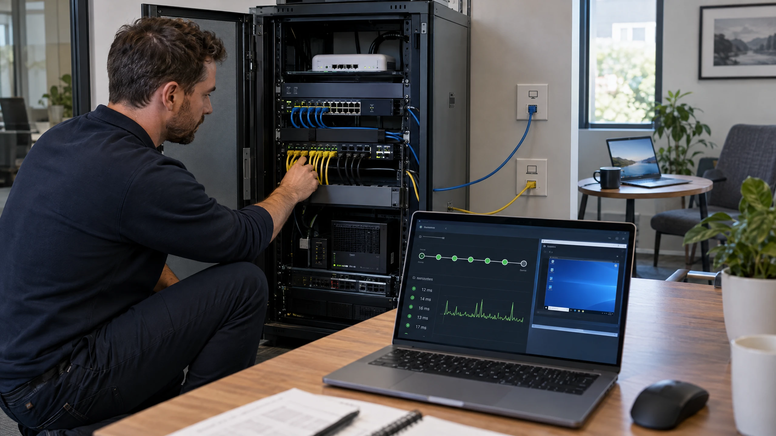 Network specialist tracing physical connections while monitoring a generic hosted desktop path (illustrative)