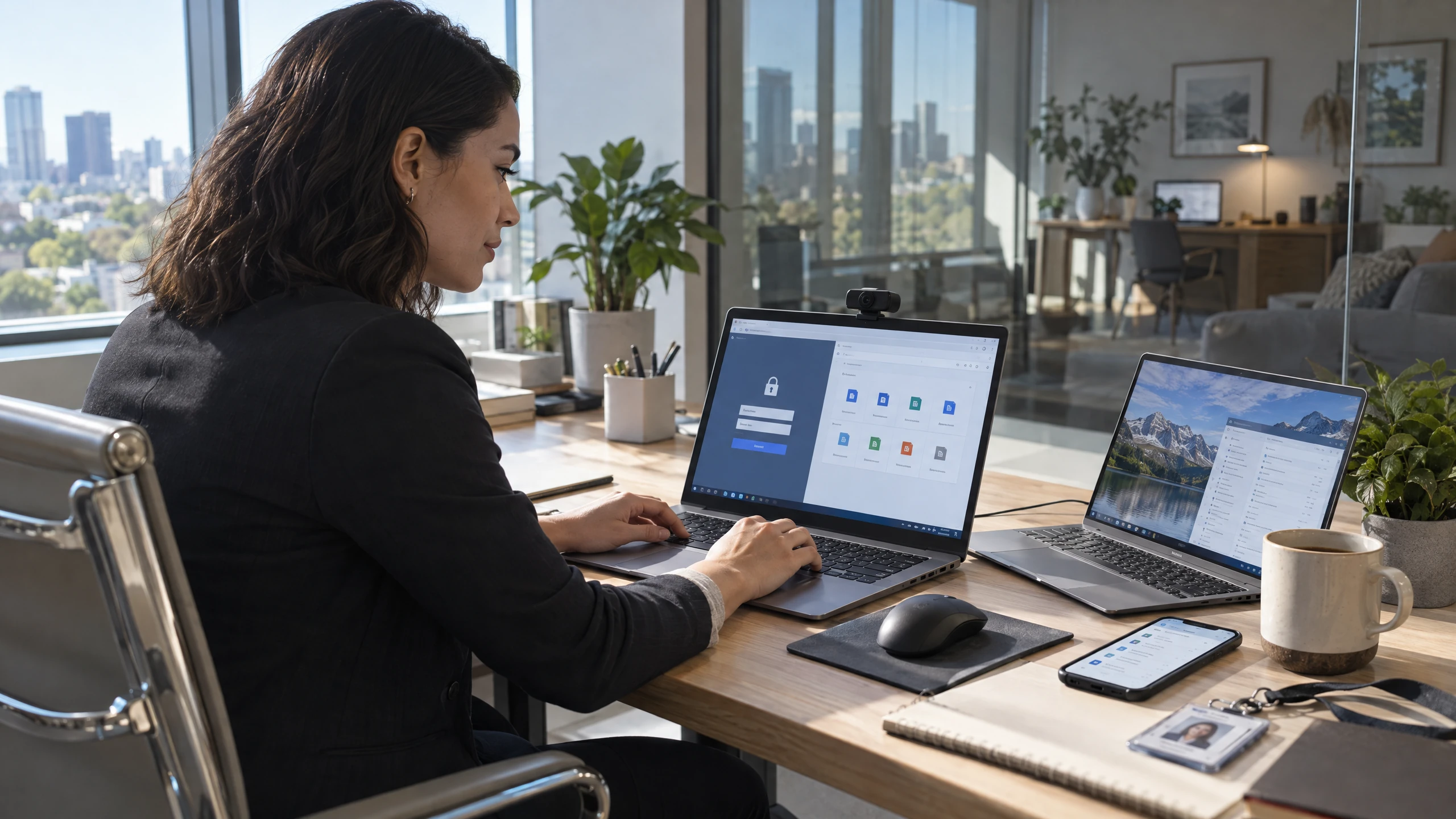 Professional accessing a generic hosted workspace from a laptop with other access devices nearby (illustrative)