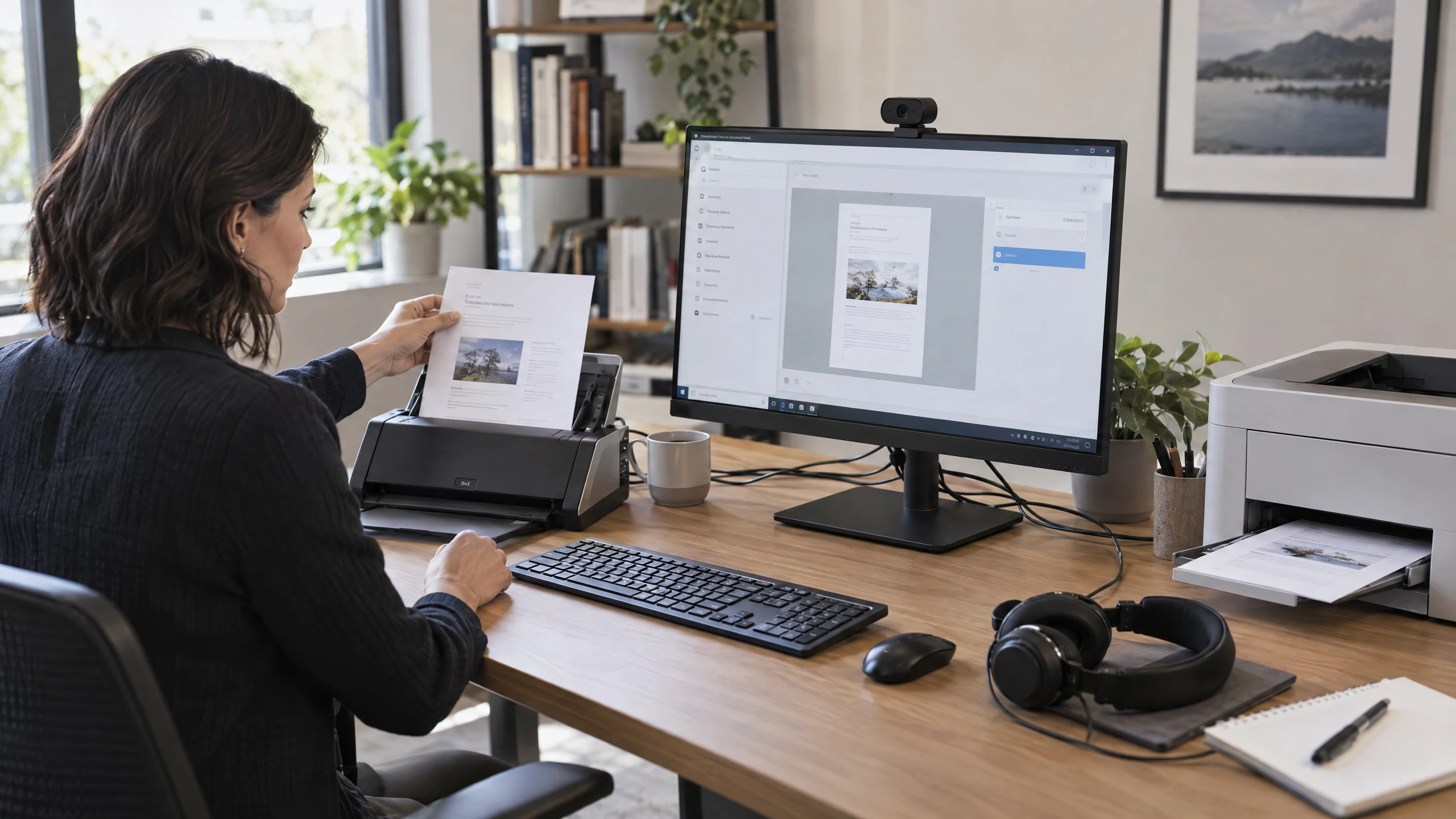 Professional testing a scanner, printer, headset and webcam with a generic hosted workspace (illustrative)