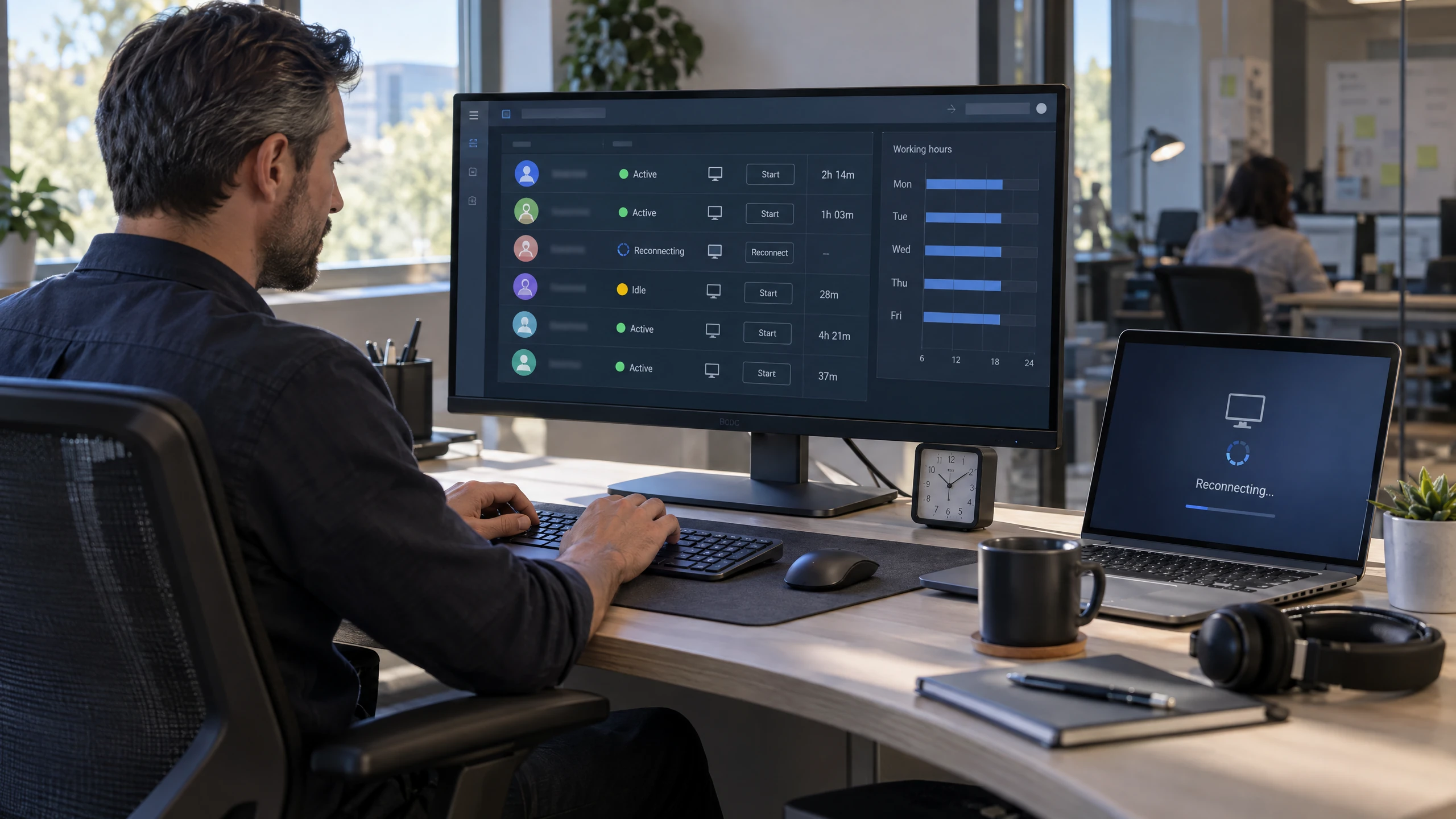Administrator testing start, idle, disconnect and reconnect states for generic hosted desktop sessions (illustrative)