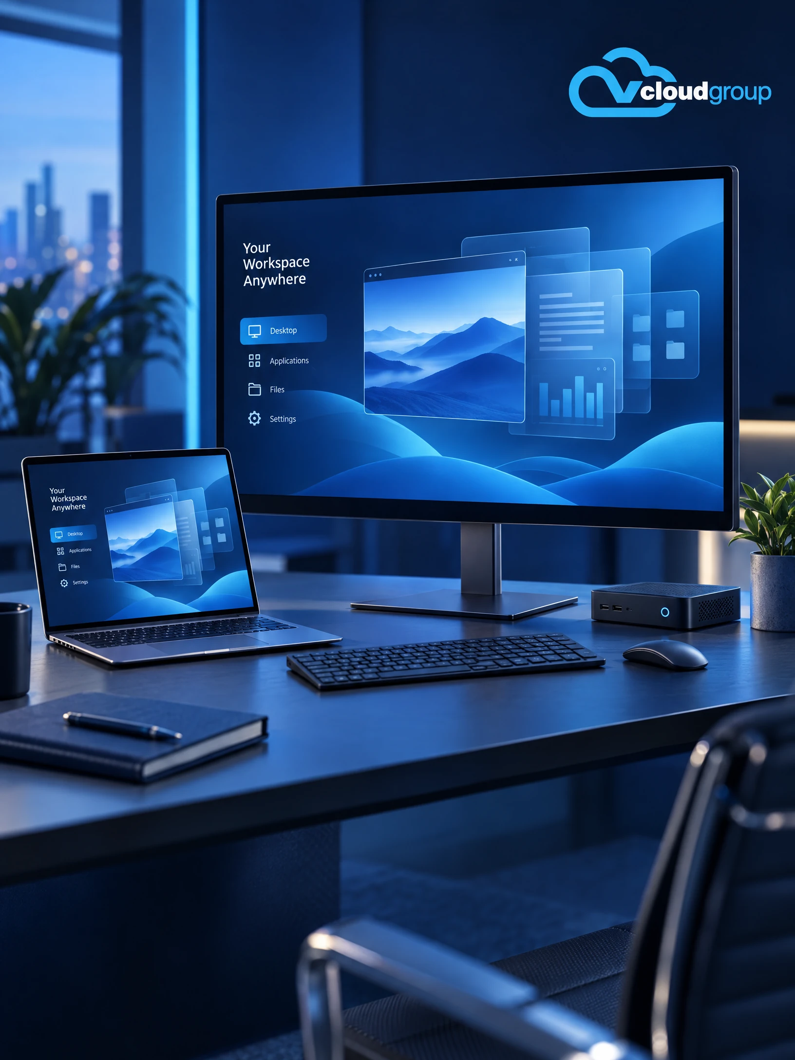 Conceptual portrait illustration of hosted workspace access for Virtual Desktop