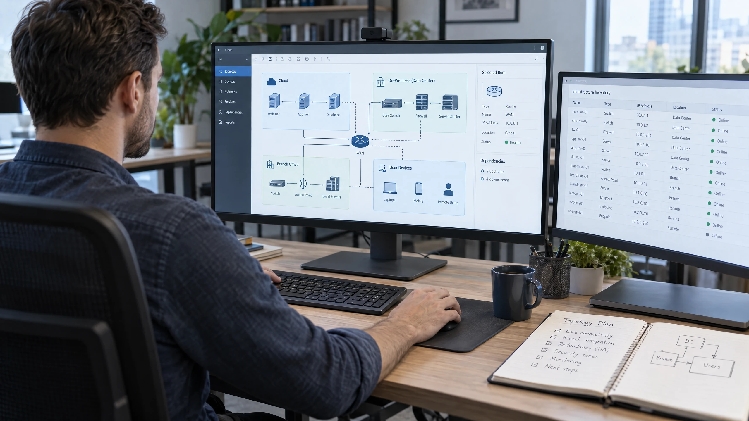 Architect arranging visible cloud, office, server and user zones in a hybrid network planning interface (illustrative)