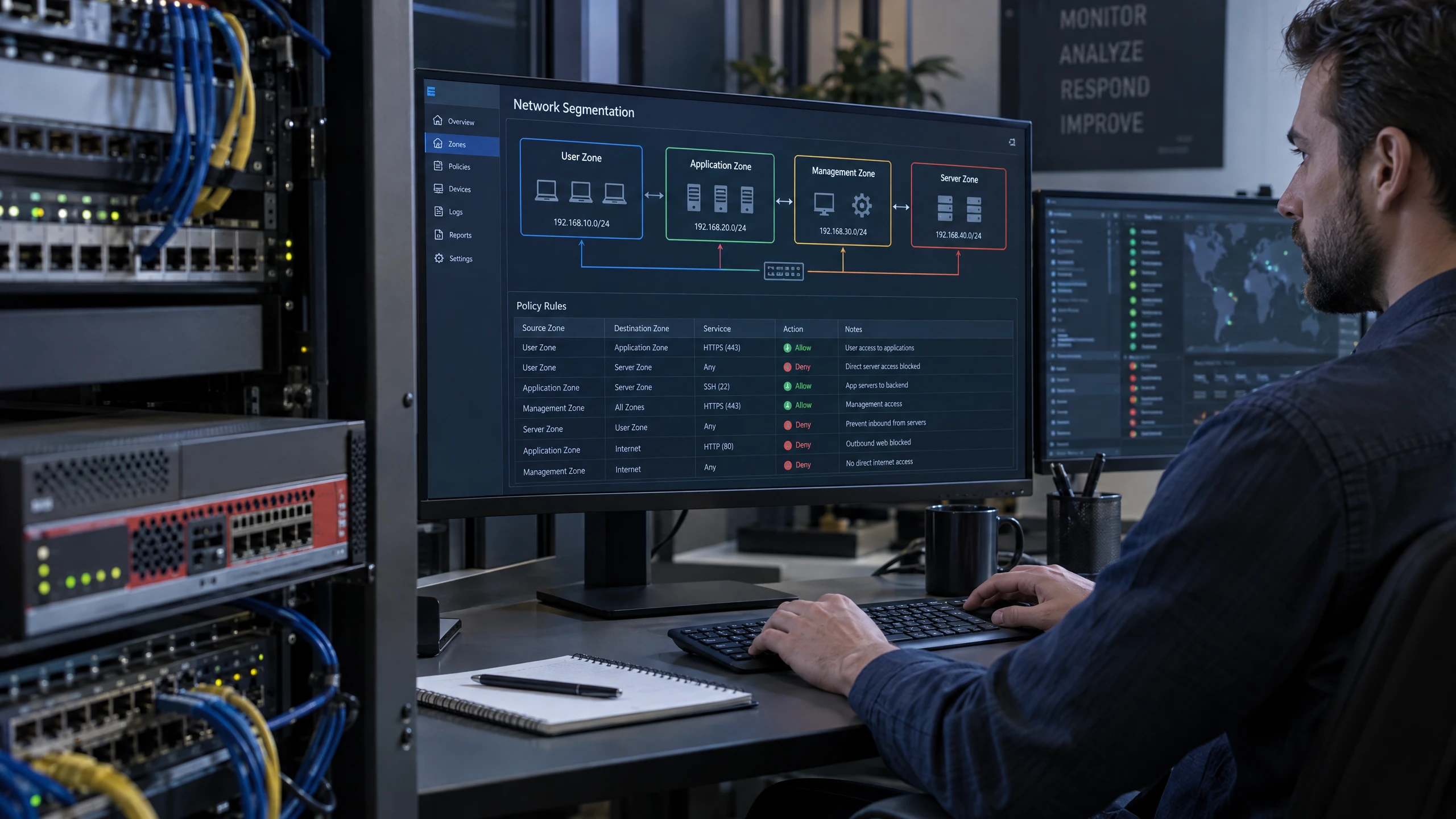 Security engineer reviewing separated user, application, management and server network zones (illustrative)