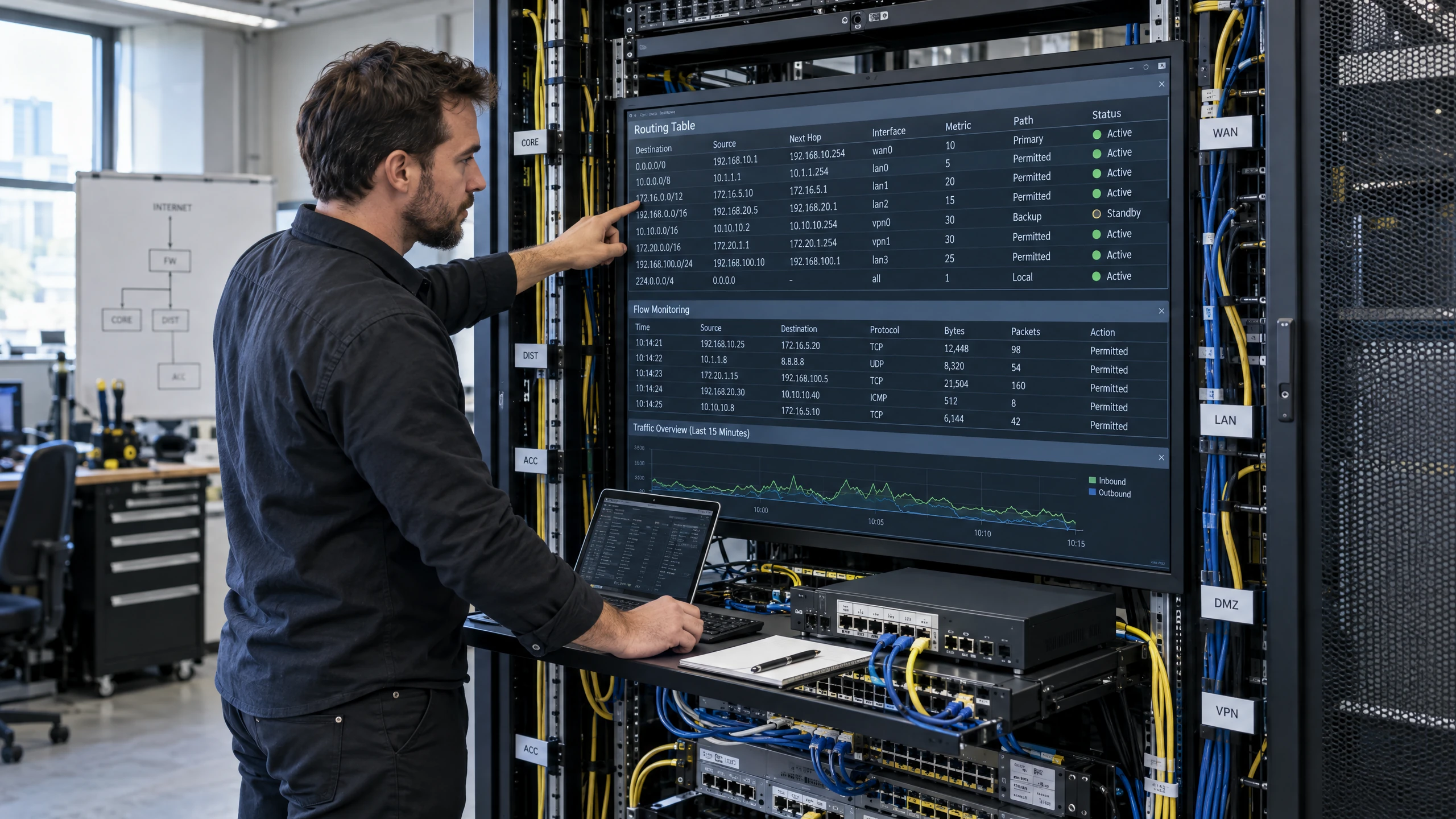 Technician tracing permitted routes between a branch router, application segment and cloud gateway (illustrative)