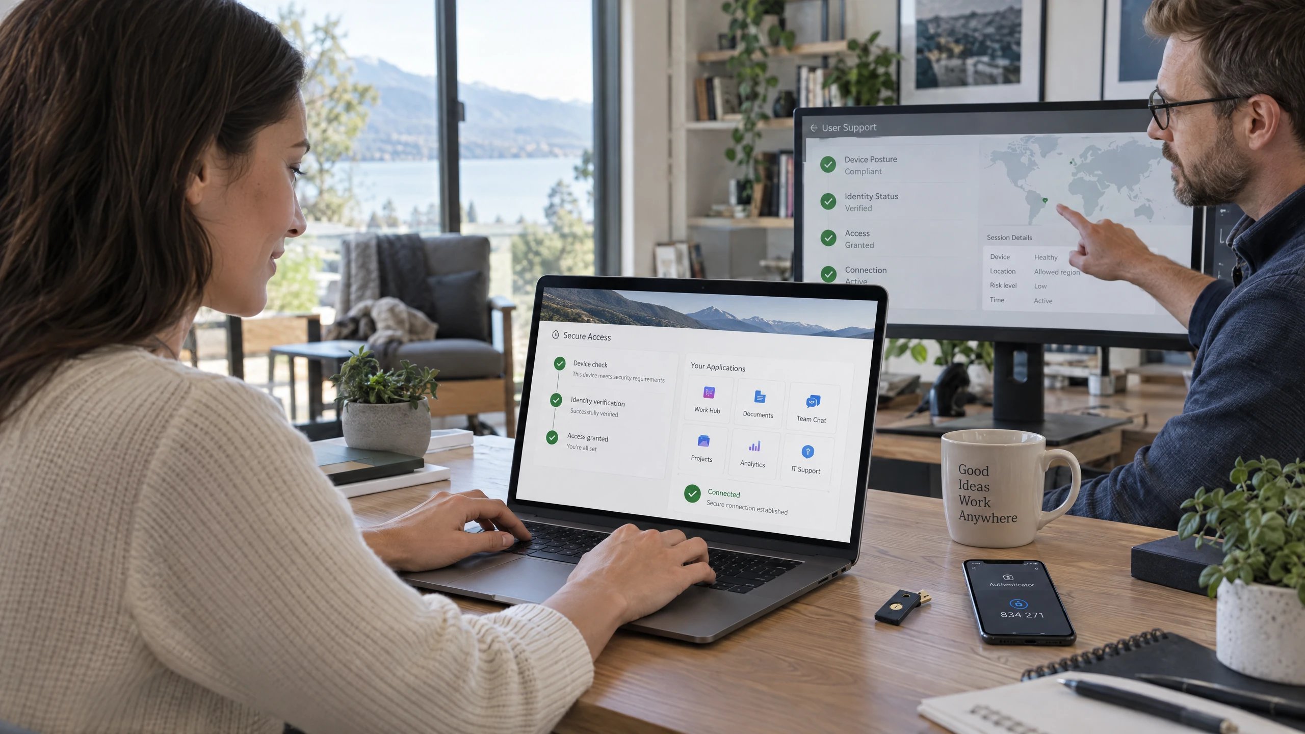Remote worker completing device and identity checks before reaching approved business applications (illustrative)