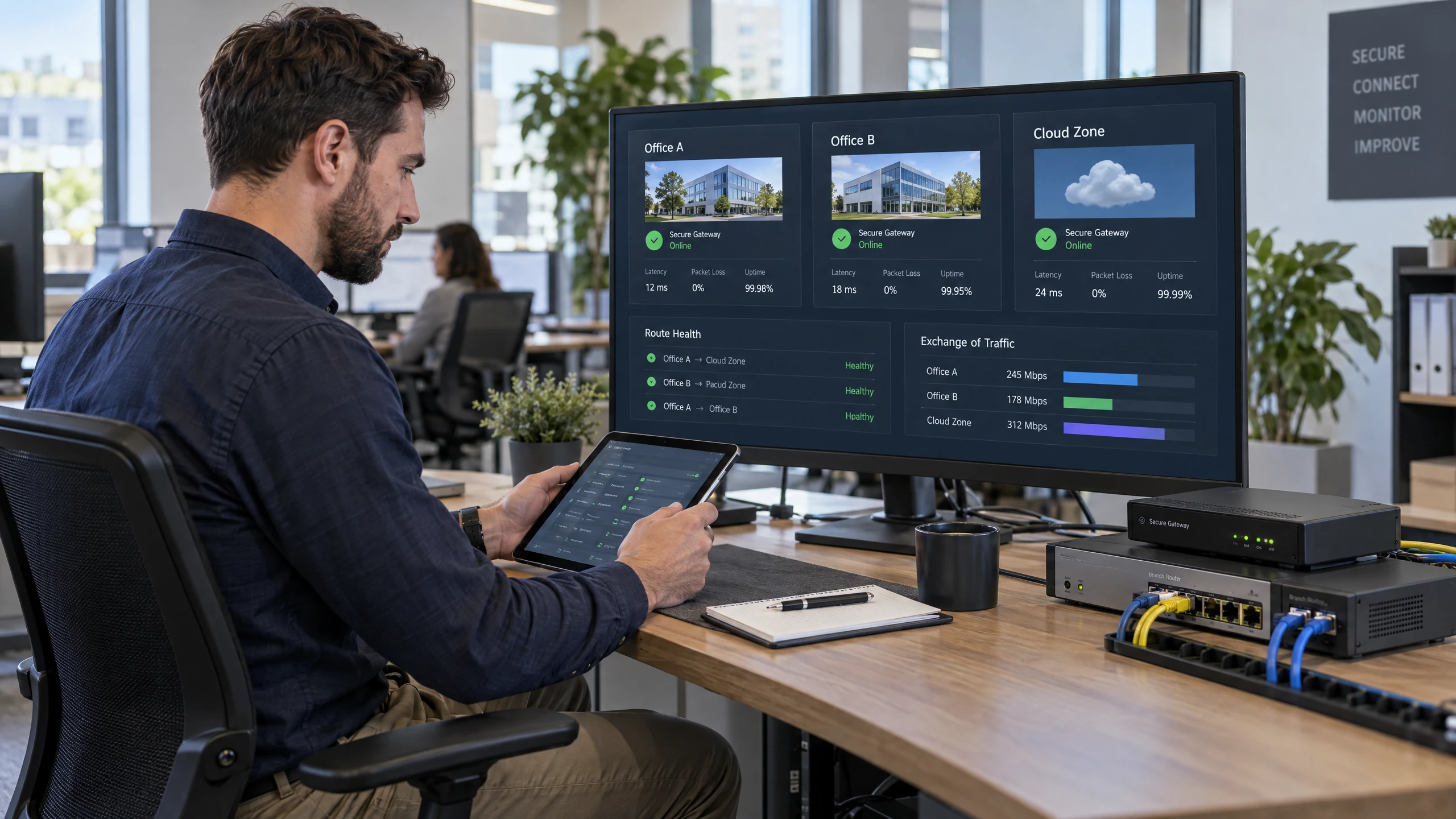 Engineer reviewing secure links between two offices and a virtual environment on a connectivity console (illustrative)