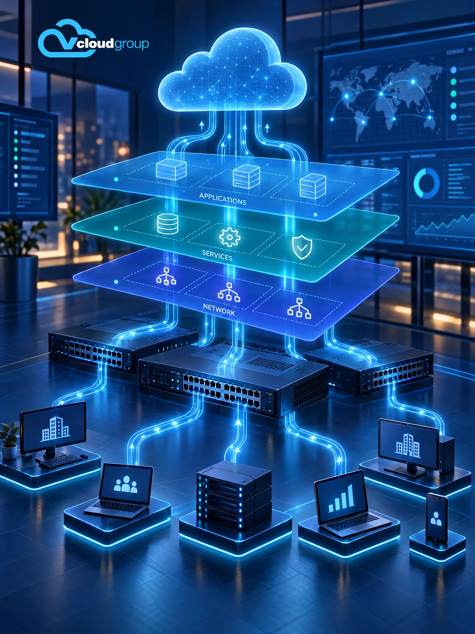 Conceptual portrait illustration of routing and traffic flows for Virtual Network